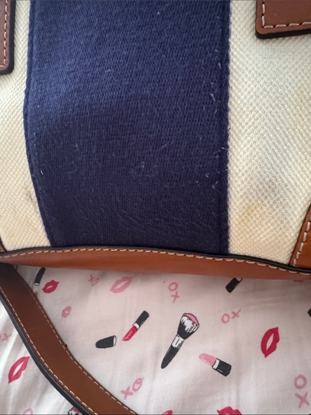 Michael Kors Women's Navy & Cream Canvas Satchel with Brown Leather Trim EUC - Picture 3 of 4